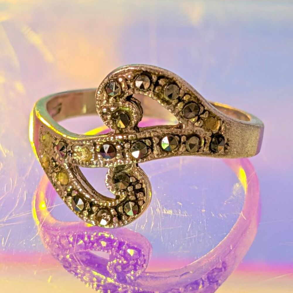 Vintage 925 Sterling Silver Marcasite Style Scroll Ring Size 6 3g Art Deco